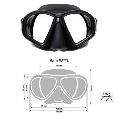 Маска Marlin Matte Black, black, Для підводного полювання; Для дайвінгу, Двоскляна