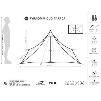 Палатка Liteway PYRAOMM DUO TARP 2P Olive, olive, Палатки, Для походов: пеших и горных, Ультралегкие, 485, Двухместные, С тамбуром, 2, 2000