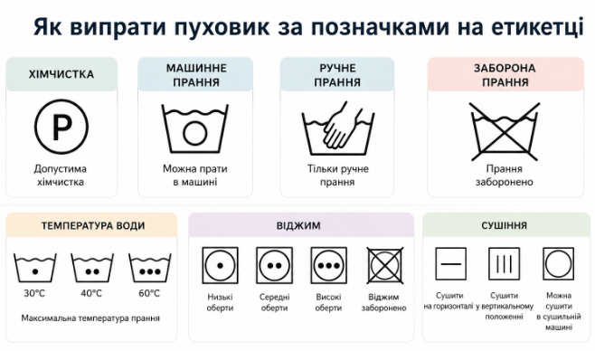  значки на етикетці пуховика для прання