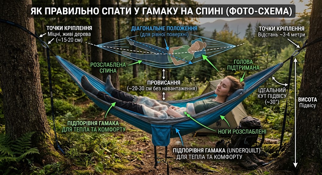 схема розташування у гамаку на спині