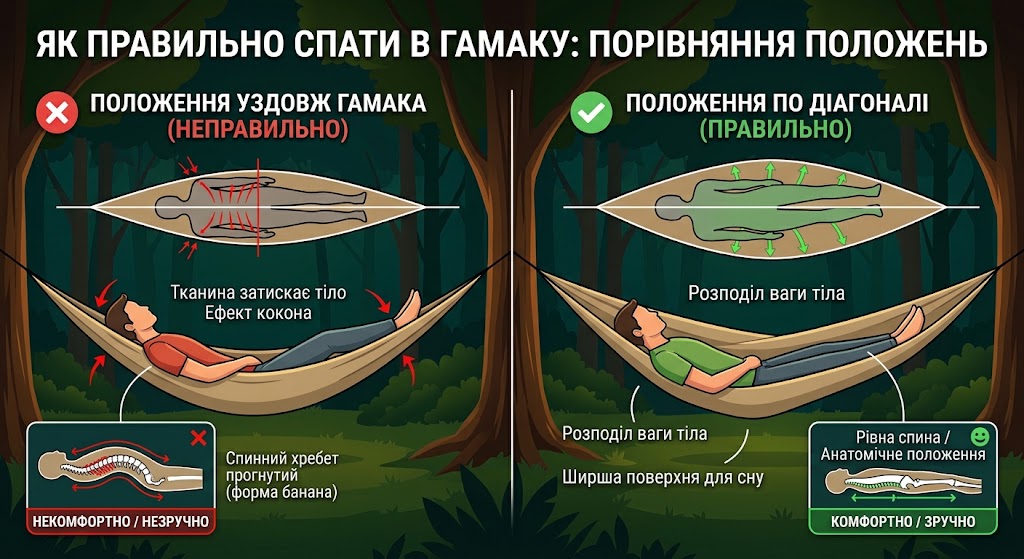 як лежати в гамаку правильно — положення по діагоналі