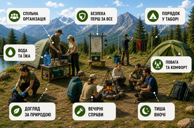  туристическая группа в организованном лагере