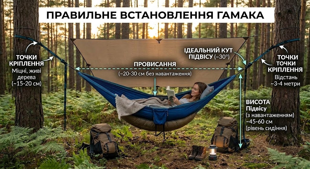 як правильно встановити гамак для сну