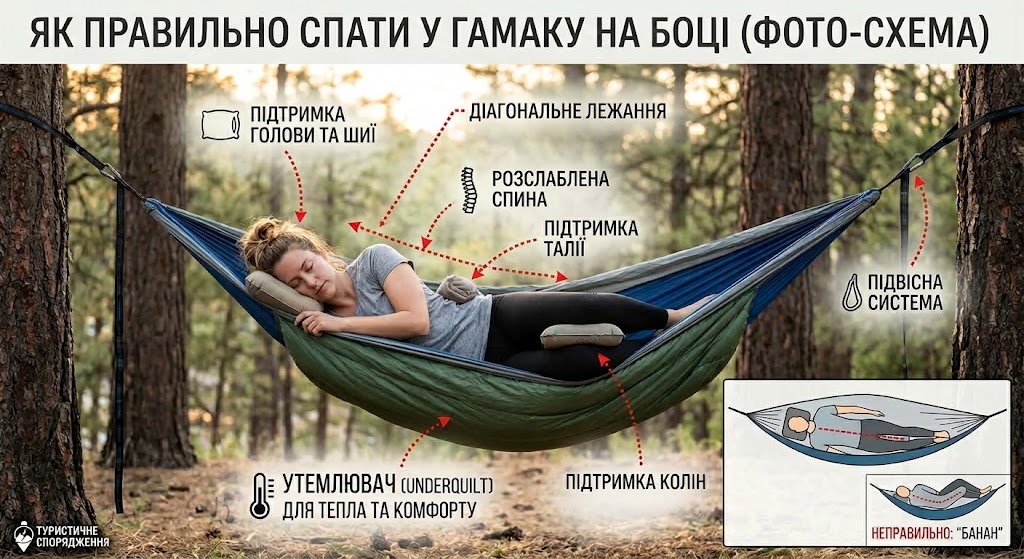 схема, як спати у гамаку на боці правильно