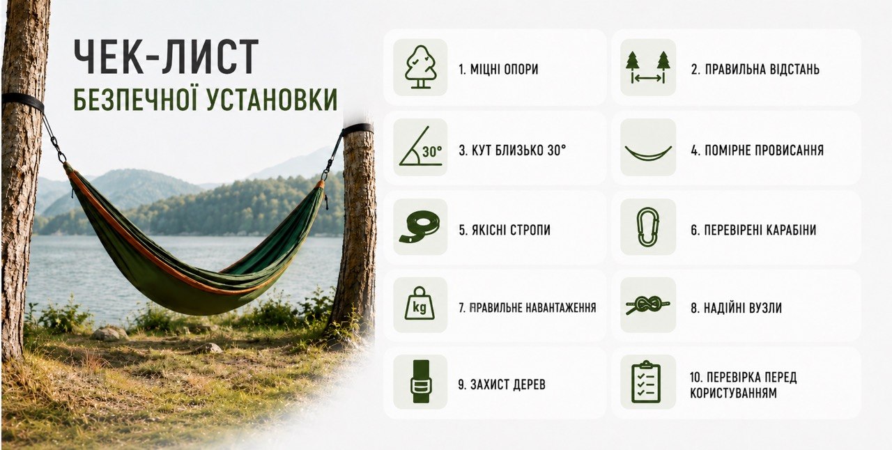 як правильно повісити гамак, установка