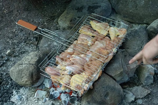 курятина на решітці на багатті у поході чи на кемпінгу